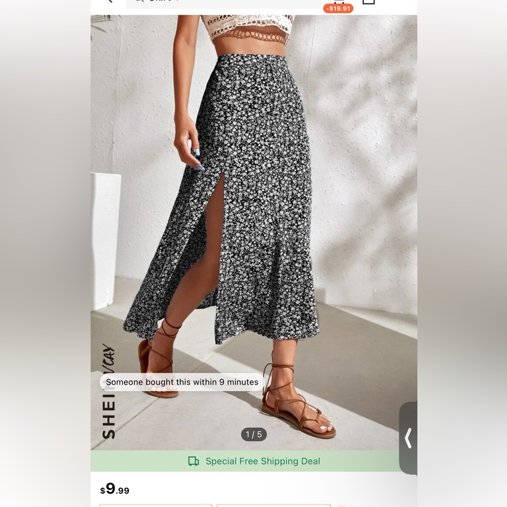 Midi style slit leg boho black and white skirt from SHEIN vacay brand.